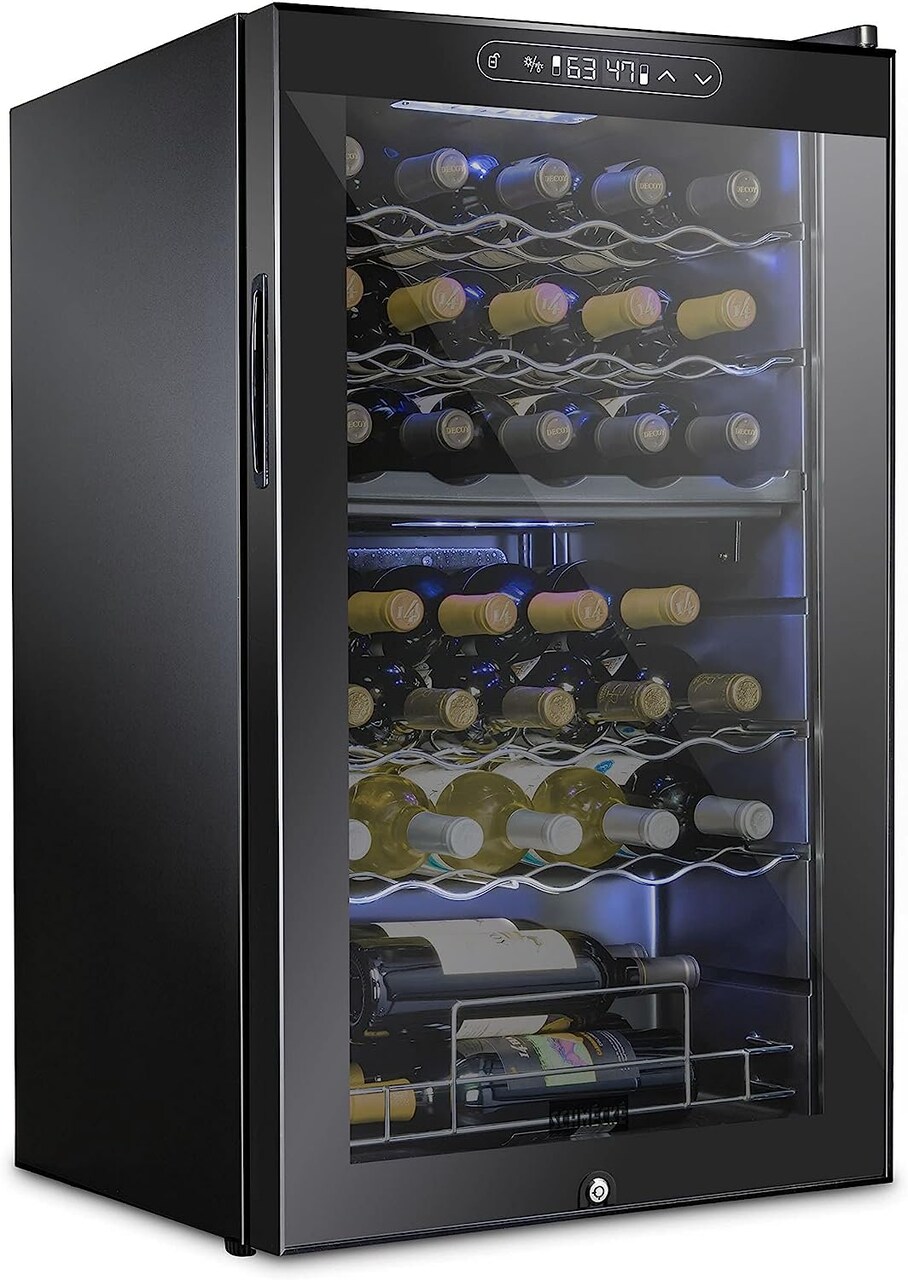 Schmecke 33-Bottle Dual Zone Wine Fridge, Freestanding Wine Refrigerator, Small Wine Cooler
